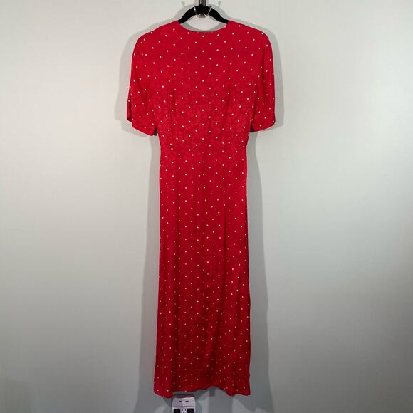 Maje Women's Red Polka Dot Textured Floral Tie Front Cutout Midi Dress Size 36 - Picture 8 of 9